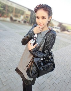 2012 elegant ladies woolen one-piece dress leather patchwork shoulder pads small skirt basic skirt