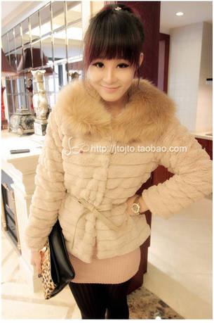 2012 elegant patchwork large fur collar domesticated hen belt short jacket long-sleeve all-match women's free shipping