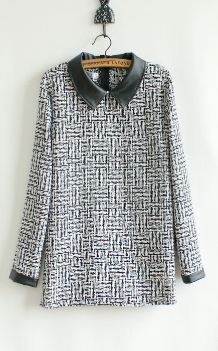 2012 elegant small classic leather black and white lattice woolen slim all-match top t-shirt