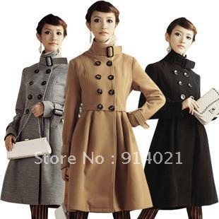 2012 elegant women's double-breasted button, stand collar,slim waist, woollen coat thick outerwear,women's trench,three colors