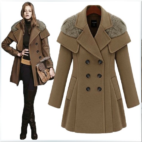 2012 Europe style[YZ94]fashion women's winter woolen long trench, outerwear,jackets double breasted rabbit furfree shipping