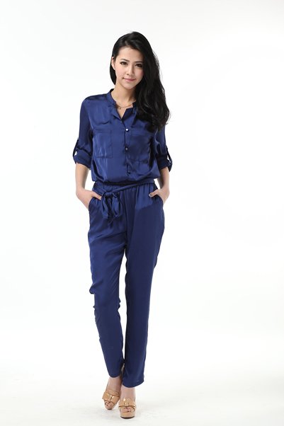 2012 European style high quality  street fashion women's  silk jumpsuit overalls single-breasted jacket