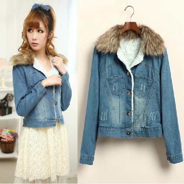 2012 explosion models fall and winter long-sleeved women cowboy clothing thick velvet plus detachable fur collar women's jacket