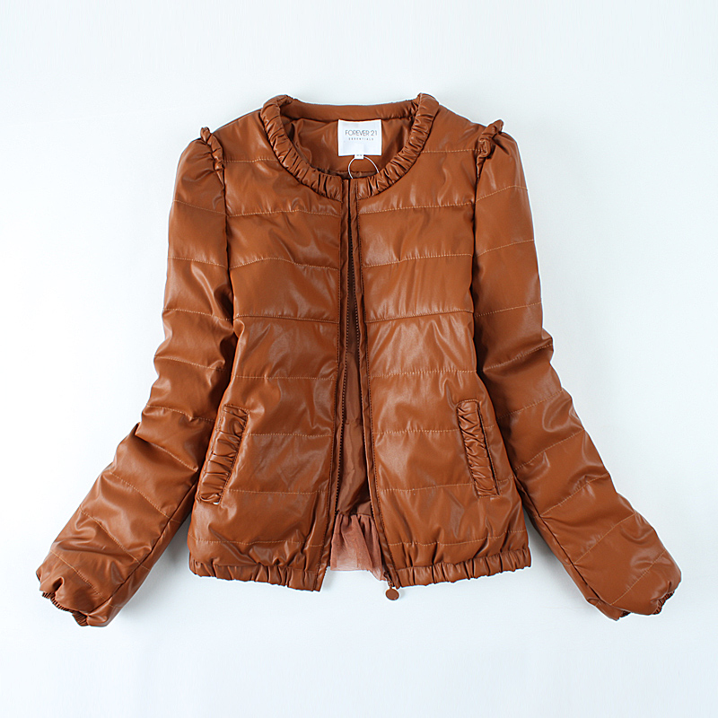 2012 f21 Women o-neck water wash PU fashion leather wadded jacket cotton-padded jacket 500g