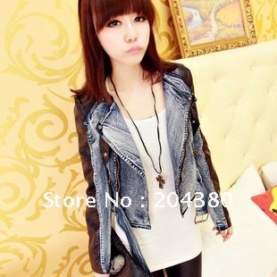 2012 fall new arrival Korean style handsome slim denim jacket women jacket for women / denim jacket rivet stitching leather punk