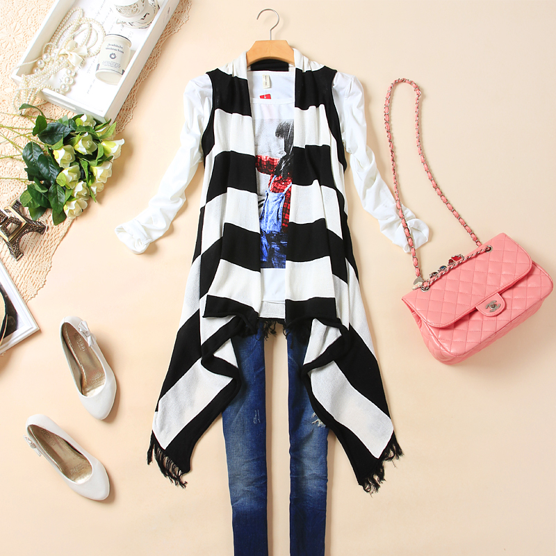 2012 fashion all-match black and white stripe multifunctional cardigan