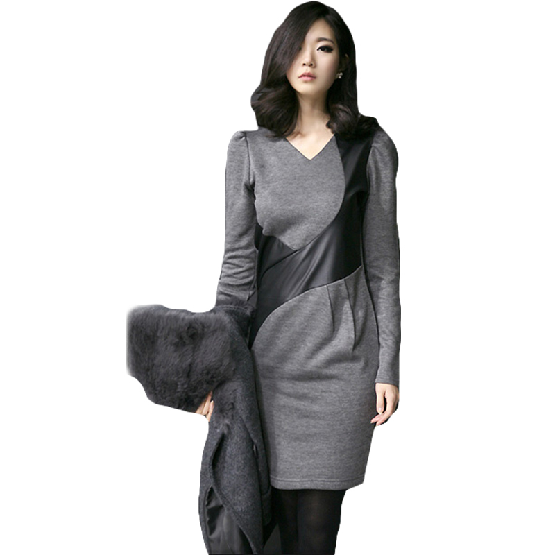 2012 fashion all-match grey colorant match leather one-piece dress