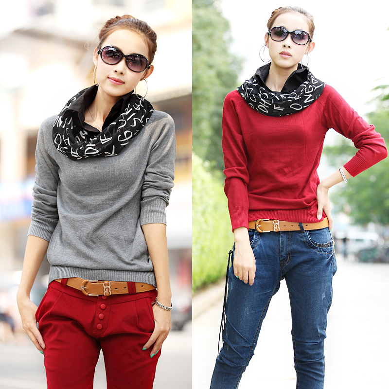 2012 fashion all-match wool knitted patchwork scarf turtleneck turn-down collar faux two piece set long-sleeved shirt