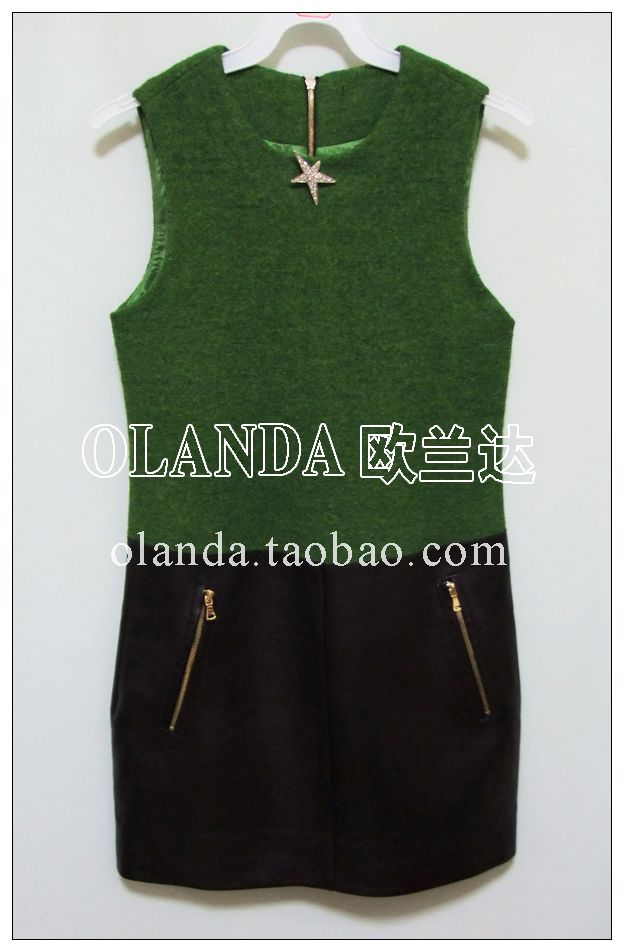 2012 fashion autumn and winter five-pointed star diamond patchwork genuine leather sheepskin sleeveless one-piece dress tank