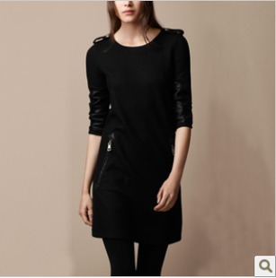 2012 fashion autumn and winter new arrival woolen water washed leather patchwork half sleeve one-piece dress basic skirt