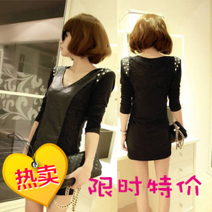 2012 fashion autumn and winter slim punk lace patchwork rivet long-sleeve leather one-piece dress