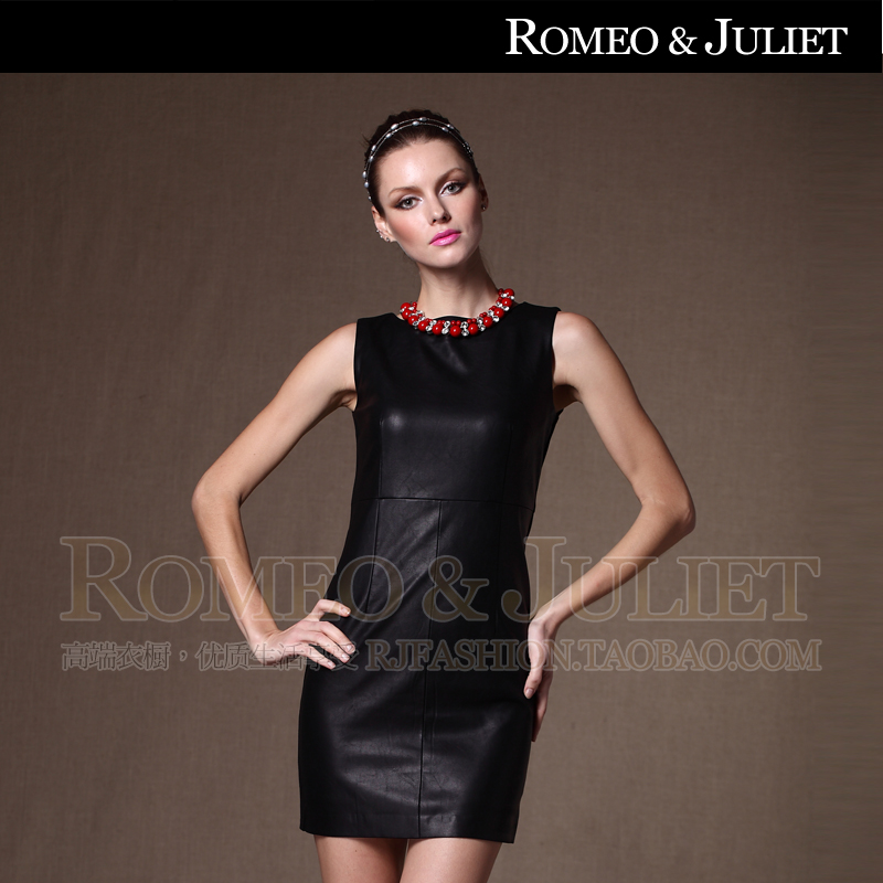 2012 fashion autumn and winter women fur patchwork slim sleeveless leather skirt one-piece dress tank dress