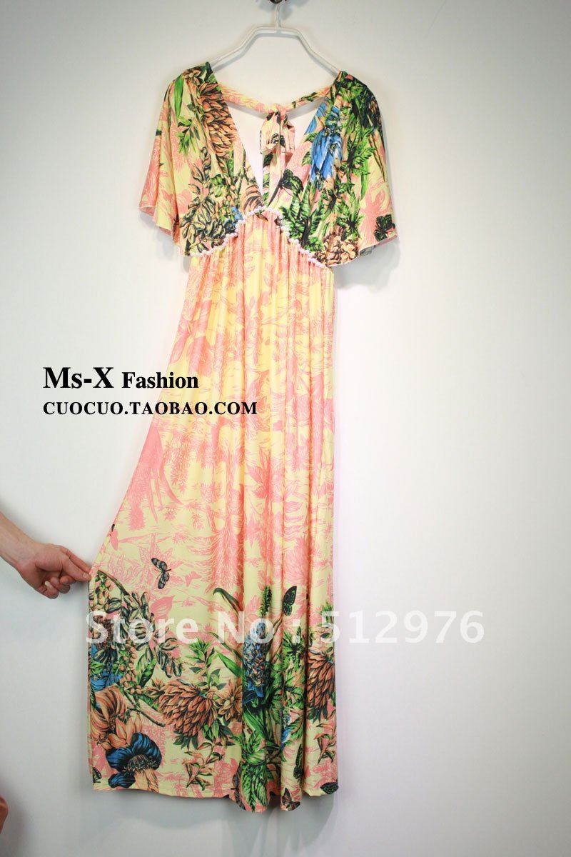 2012 Fashion Beach holiday dress V-neck dress Bohemian short-sleeved dress Free shipping