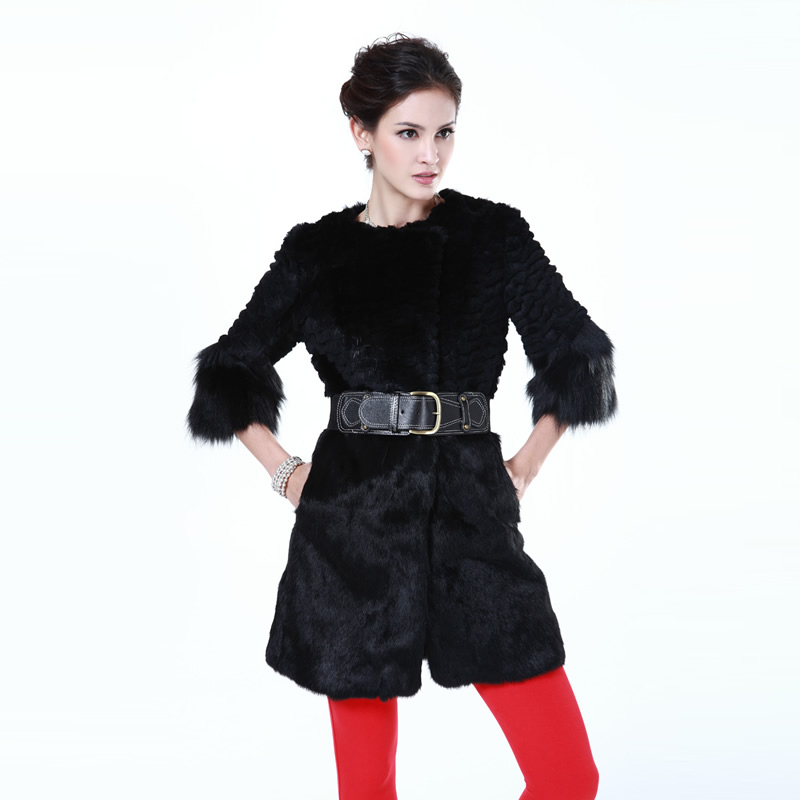 2012 fashion black winter women's full leather rabbit fur overcoat fox fur sleeve long fur coat top quality fur garment bargain