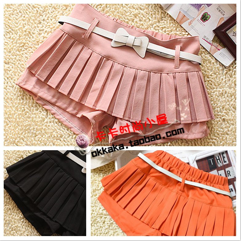 2012 fashion bow strap elastic waist pleated gentlewomen double layer shorts culottes shorts