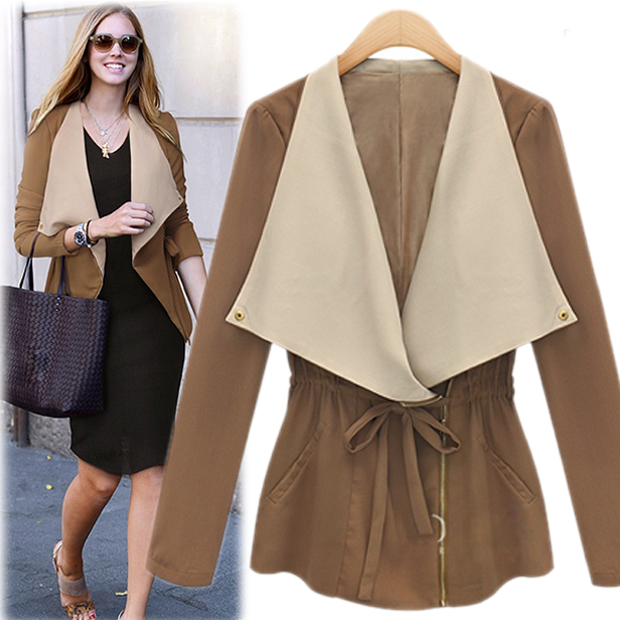 2012 fashion casual all-match color block large lapel lacing slim waist trench outerwear