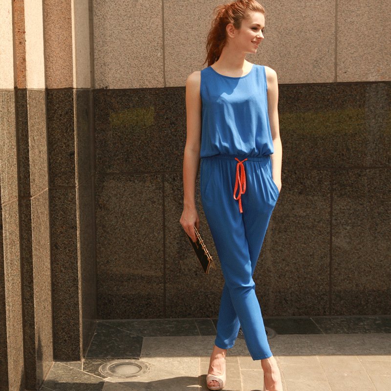 2012 Fashion Casual all-match contrast color belt jumpsuit skinny pants jumpsuit free shipping