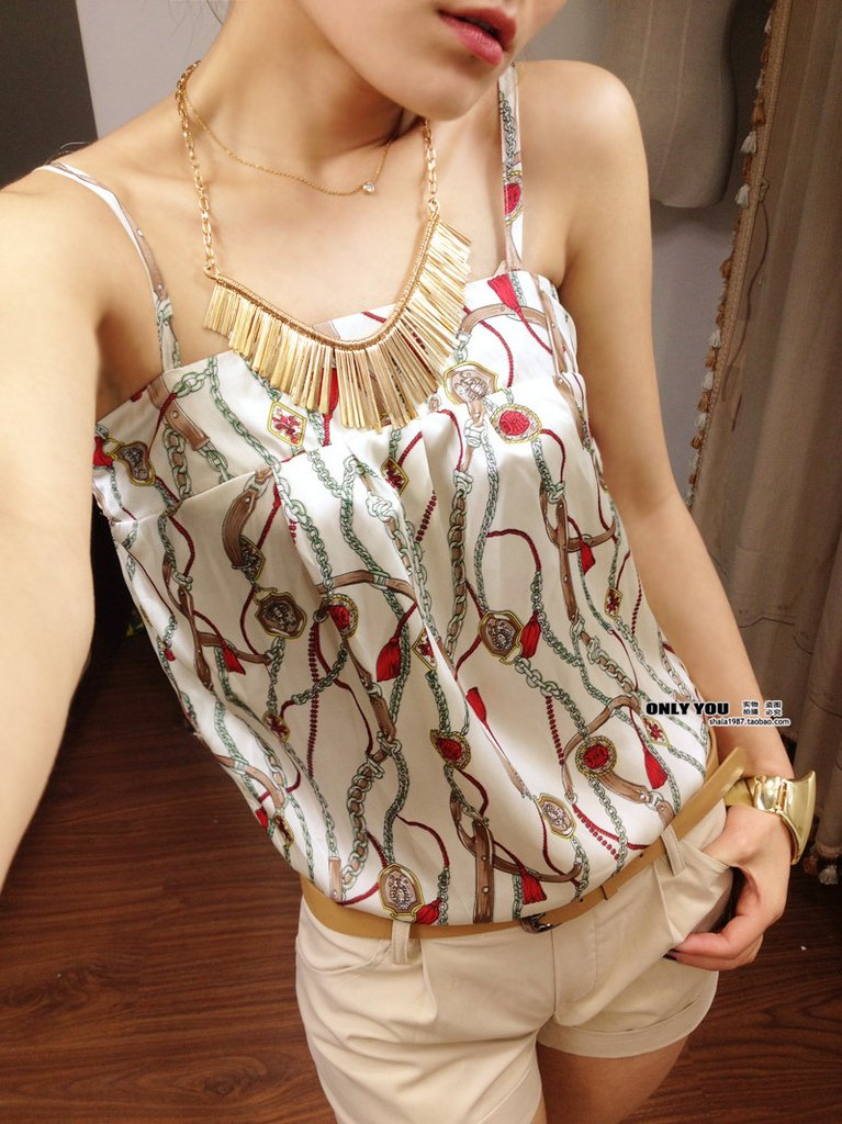 2012 fashion chain print chiffon patchwork spaghetti strap tube top design jumpsuit shorts with belt