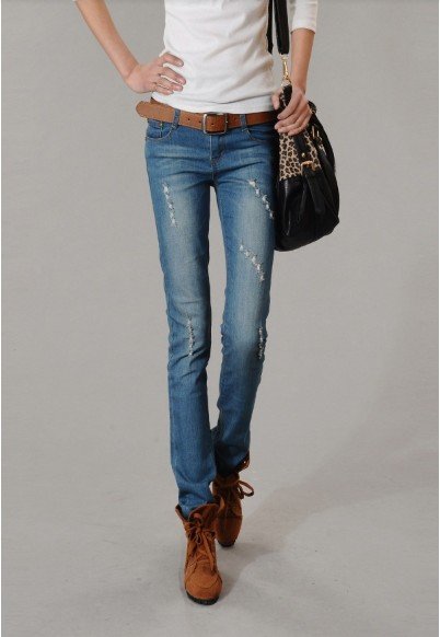 2012 fashion distrressed low waist women jeans light blue straight pencil pants free shipping wholesale