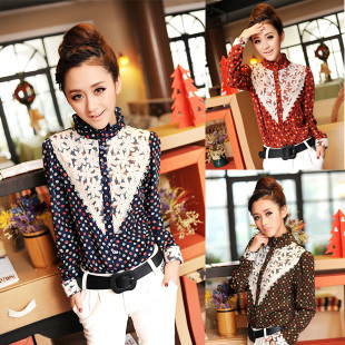 2012 fashion dot lace polka dot long-sleeve chiffon shirt women blouses