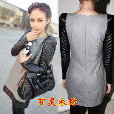 2012 fashion elegant woolen patchwork leather shoulder pads long-sleeve one-piece dress women's