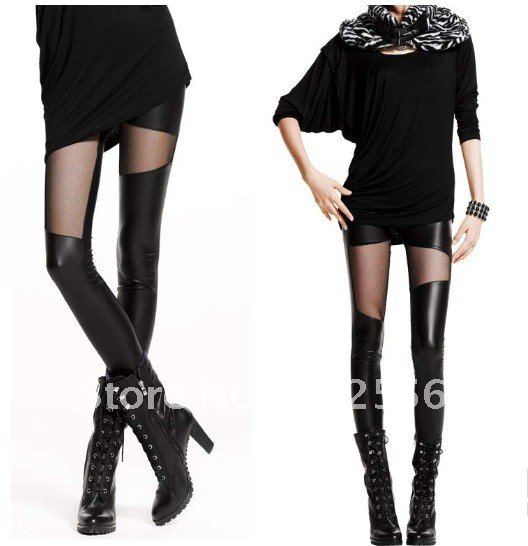 2012 Fashion fashion thin gauze patchwork meat leather pants legging ankle length trousers patchwork female