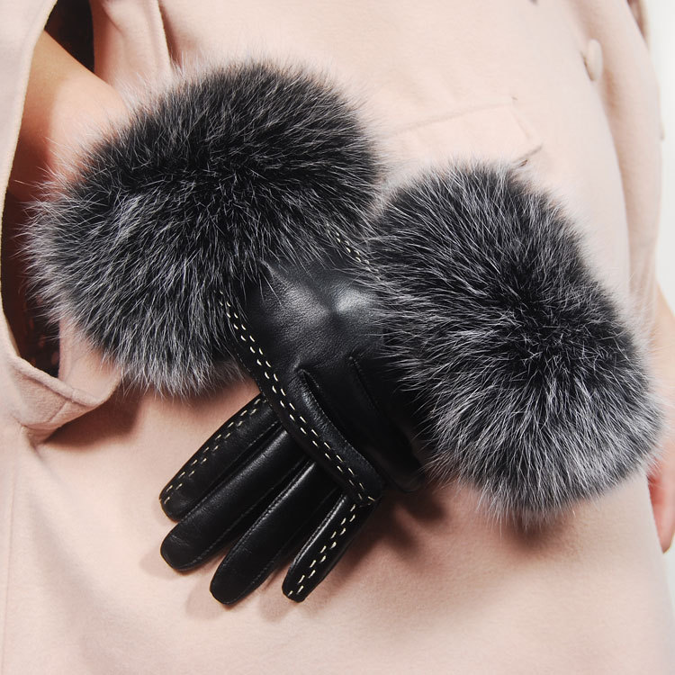 2012 Fashion Free Shipping Suede genuine leather finger gloves fox fur women winter gloves