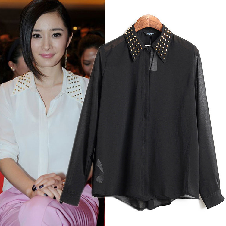 2012 fashion handmade metal rivet collar loose chiffon shirt white shirt sun protection shirt