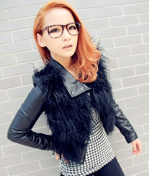 2012 fashion handsome sheep wool patchwork midsweet motorcycle small leather clothing female