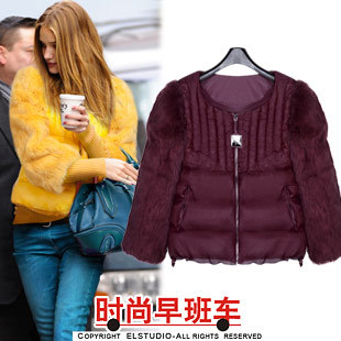 2012 fashion high quality leather cape hare wool patchwork down coat zipper three quarter sleeve jk860