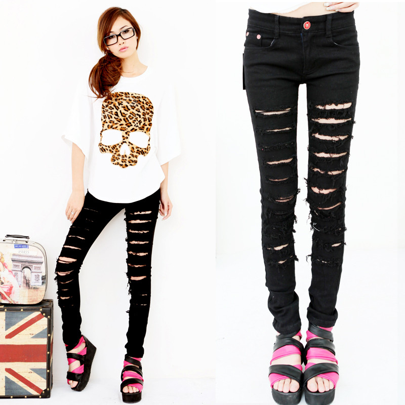 2012 fashion hole distrressed elastic pencil pants skinny jeans women black trousers,free shipping