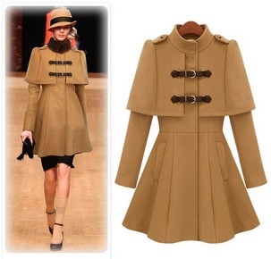 2012 fashion hot-selling elegant leather buckle on slim stand collar cape overcoat fur collar cashmere woolen outerwear