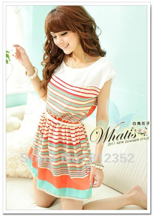 2012 fashion Korean Chiffon New Colorful Stripes Mini Dress Free Bowknot Belt printed Womens Dresses sweet skirt free shipping