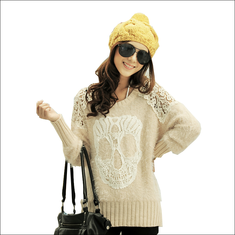 2012  Fashion Korean Style Lace Slim Punk Skull Short Batswing Sleeve Sweater Women, Free Shipping