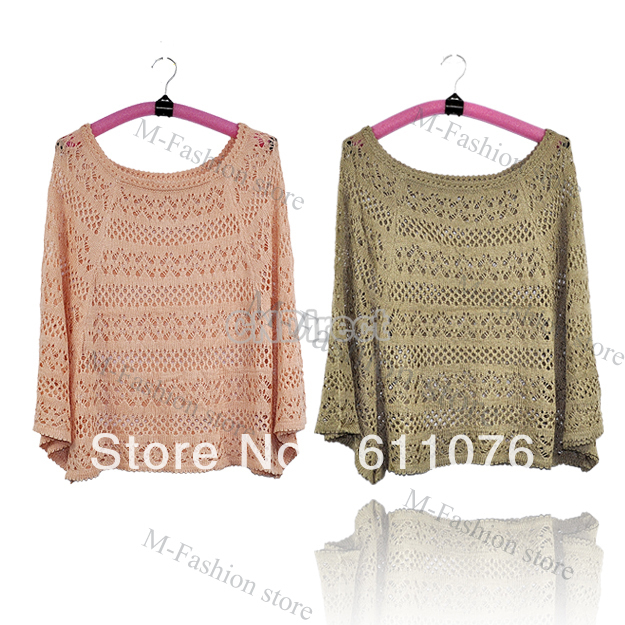 2012 Fashion Korean Style Women's Bat Sleeves Pullover Loose Cloak Woven Flowers Hollow Sweater Coat Free Shipping 7489