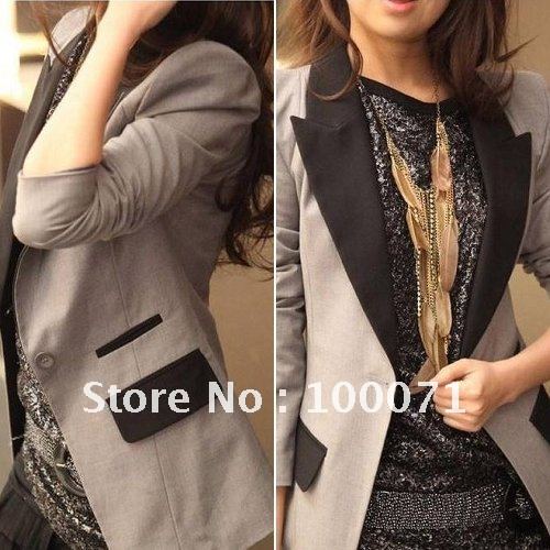 2012 Fashion ladies' Slim Temperament Gray Splicing Black Shrug Long Sleeve Lapel Jacket Coat  [23913|01|01]