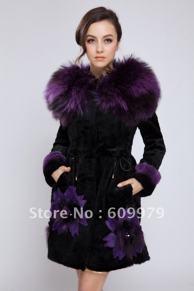 2012 Fashion Lady Rex Rabbit Fur Coat with Racoon Dog Collar FRR0112  Size of M, L, XL,XXL Professional Manufacturer 1pcs/lot