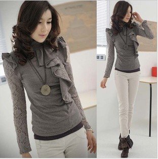 2012 fashion Lady's Royal Stylish Blouses  flouncing Ruffles turtleneck Women Top Quality Long Lace Sleeve Vintage Casual Shirts