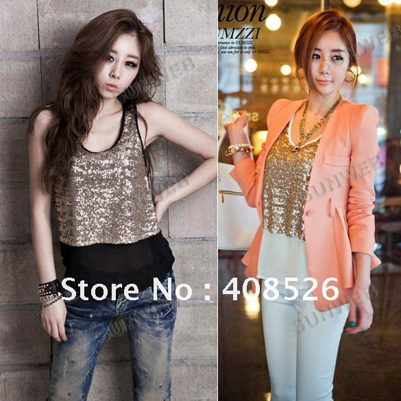 2012 Fashion Lady's Sleeveless Blouse Crew Neck Vintga Sequin T-Shirt Tops Vests Camisole Underwear Free Shipping 7064