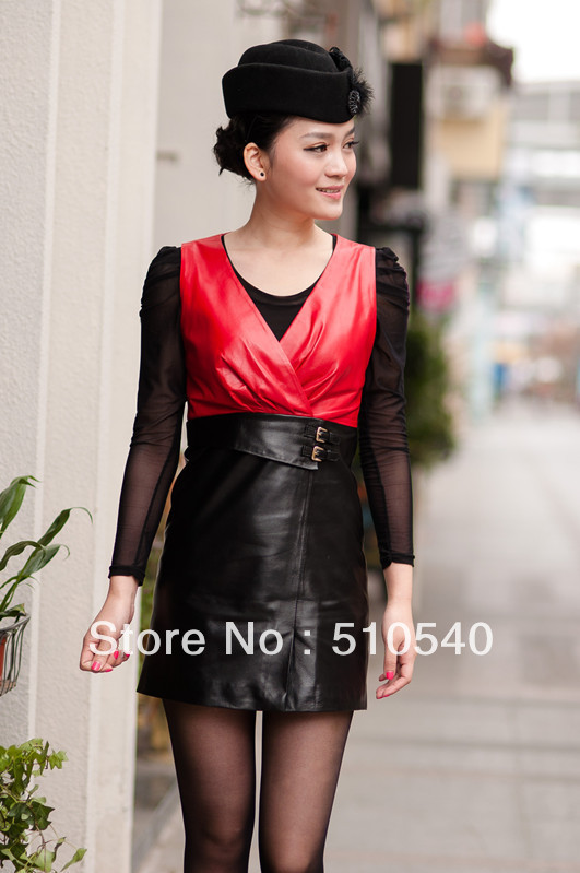 2012 Fashion Leather Coat winter outerwear dress women's clothing,stitching dress