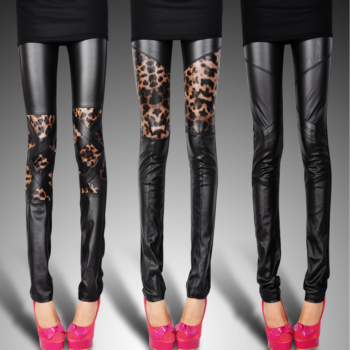 2012 fashion leopard print legging tights faux leather pants patchwork female matt faux leather legging autumn and winter