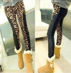 2012 fashion leopard print legging tights faux leather pants patchwork matt faux leather legging female autumn and winter