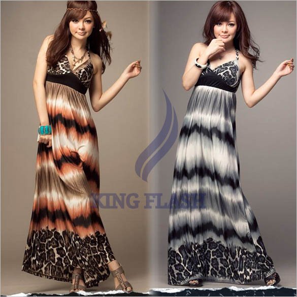 2012 Fashion Leopard Printed Two Color V Neck Summer Long Dress Women's Maxi Free Shipping