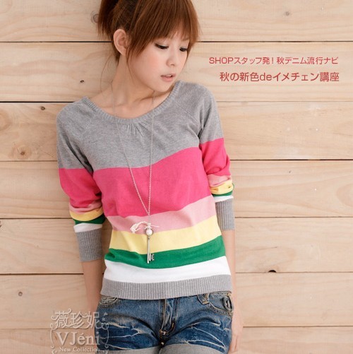 2012 Fashion loose O-Neck knitted sweater women pullover long sleeve stripe sweaters 100% Brand New.Free shipping