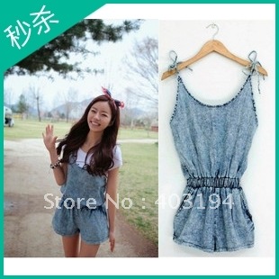 2012 fashion new arrival spaghetti strap bib pants denim sweet lacing shorts beach shorts one piece jumpsuit shorts female