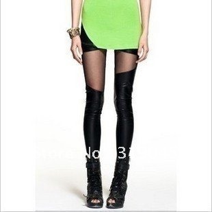 2012 fashion new black shinning Imitation leather ladies legging , leggings tight pants sex Net yarn leggings