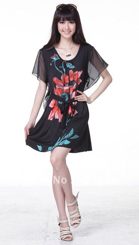 2012 FASHION NEW CHIFFON WOMEN DRESS WITH FLOWER PRINTING+ONE PIECE DRESS+TRANSPARENT CHIFFON SKIRT+FREE SHIPPING(1PC) A270