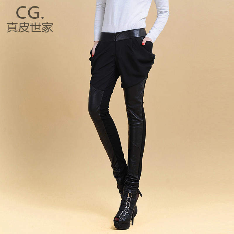 2012 fashion new Ladies' Genuine leather pants harem pants,Elegant Slim pencil pants,Women's trousers patchwork Legging FCE11