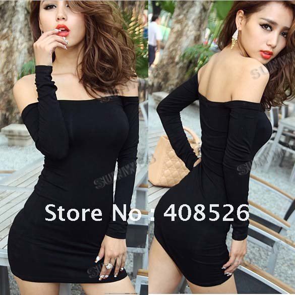 2012 fashion New Women's sexy Off Shoulder Stretch Tunic Tight Fitted Bodycon long sleeve Dress Black free shipping 2956