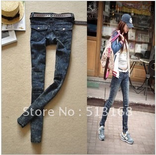 2012 fashion new Women's Vintage pocket flip blue elastic jeans pants pencil skinny pants trousers free shipping